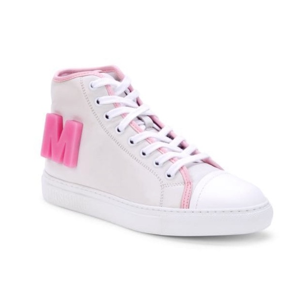 🔥🔥🔥NEW Moschino White & Pink Leather Logo High Top Leather Lace Sneaker - Picture 2 of 11